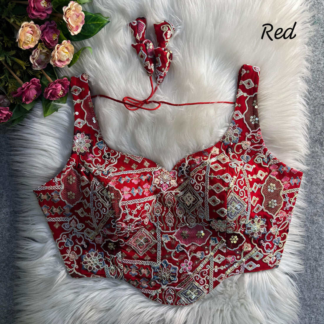 Red Pure Soft Italian Silk Fox Heavy Sequins Thred Work Blouse 