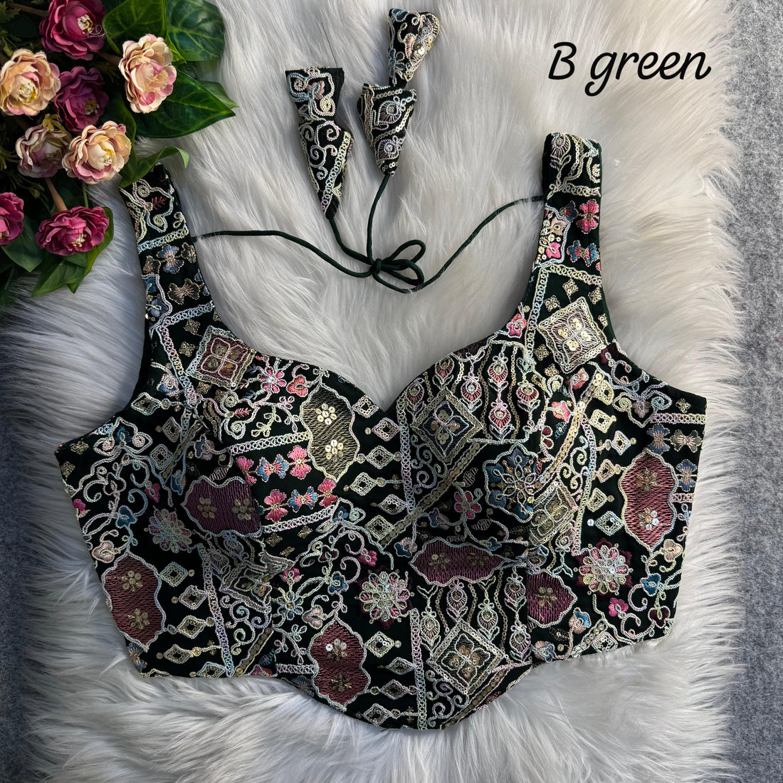 Green Pure Soft Italian Silk Fox Heavy Sequins Thred Work Blouse 