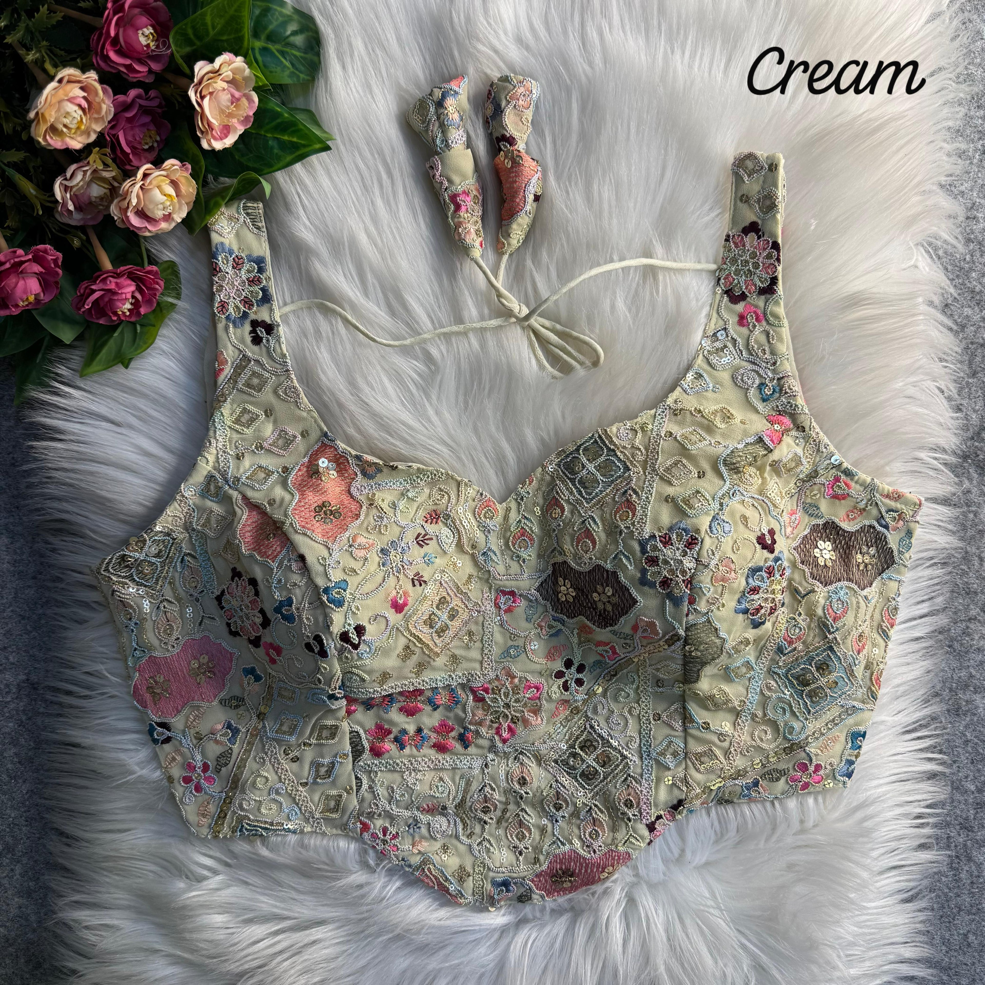 Cream Pure Soft Italian Silk Fox Heavy Sequins Thred Work Blouse 
