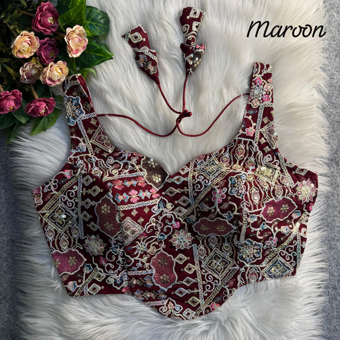 Maroon Pure Soft Italian Silk Fox Heavy Sequins Thred Work Blouse 