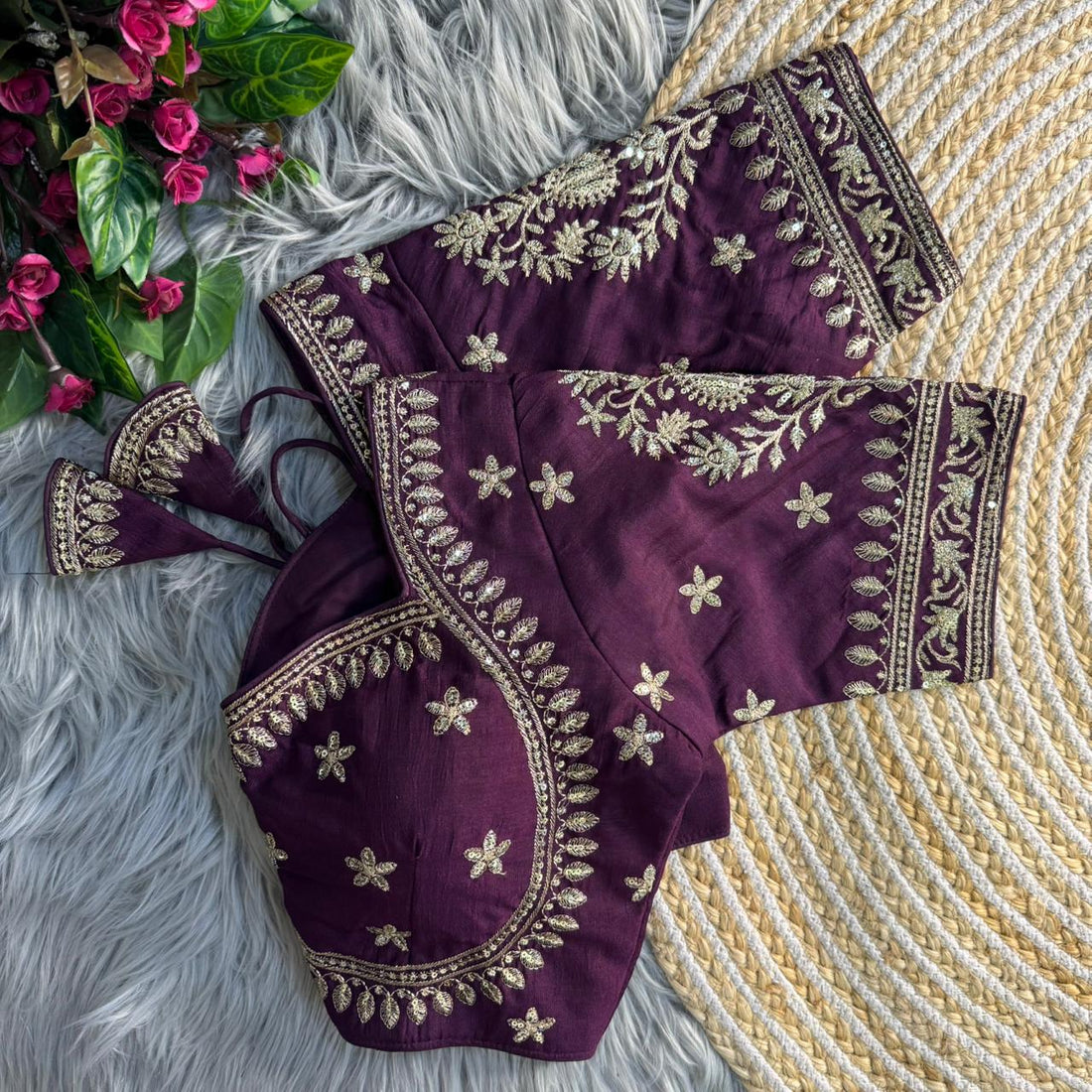 Wine Pure Vichitra Silk Madhubala Style Blouse 