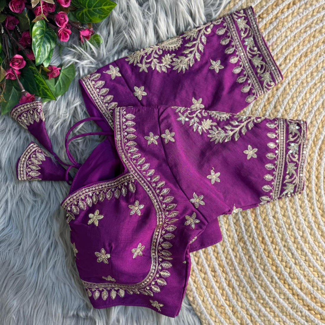 Purple Pure Vichitra Silk Madhubala Style Blouse 