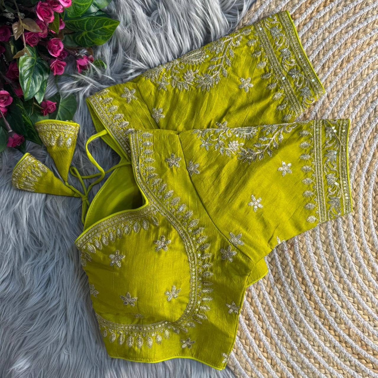 Parrot Pure Vichitra Silk Madhubala Style Blouse 