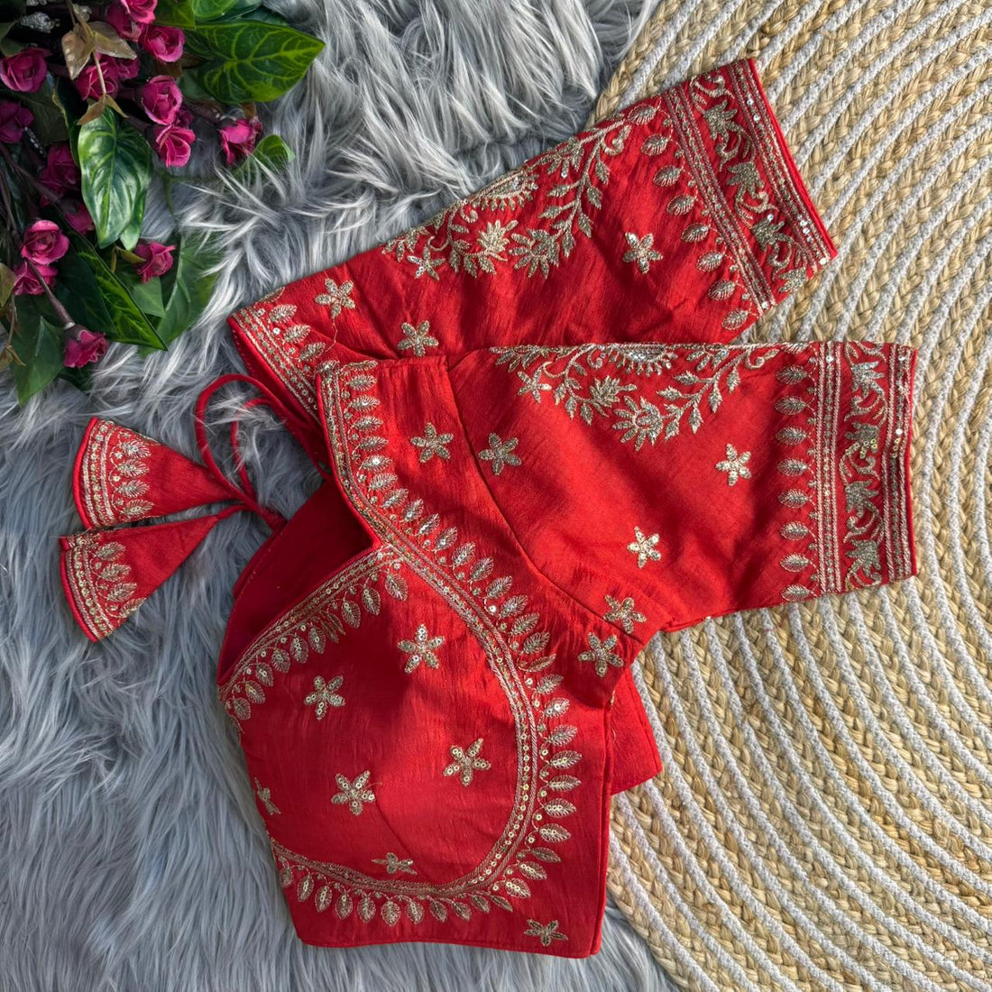 Red Pure Vichitra Silk Madhubala Style Blouse 