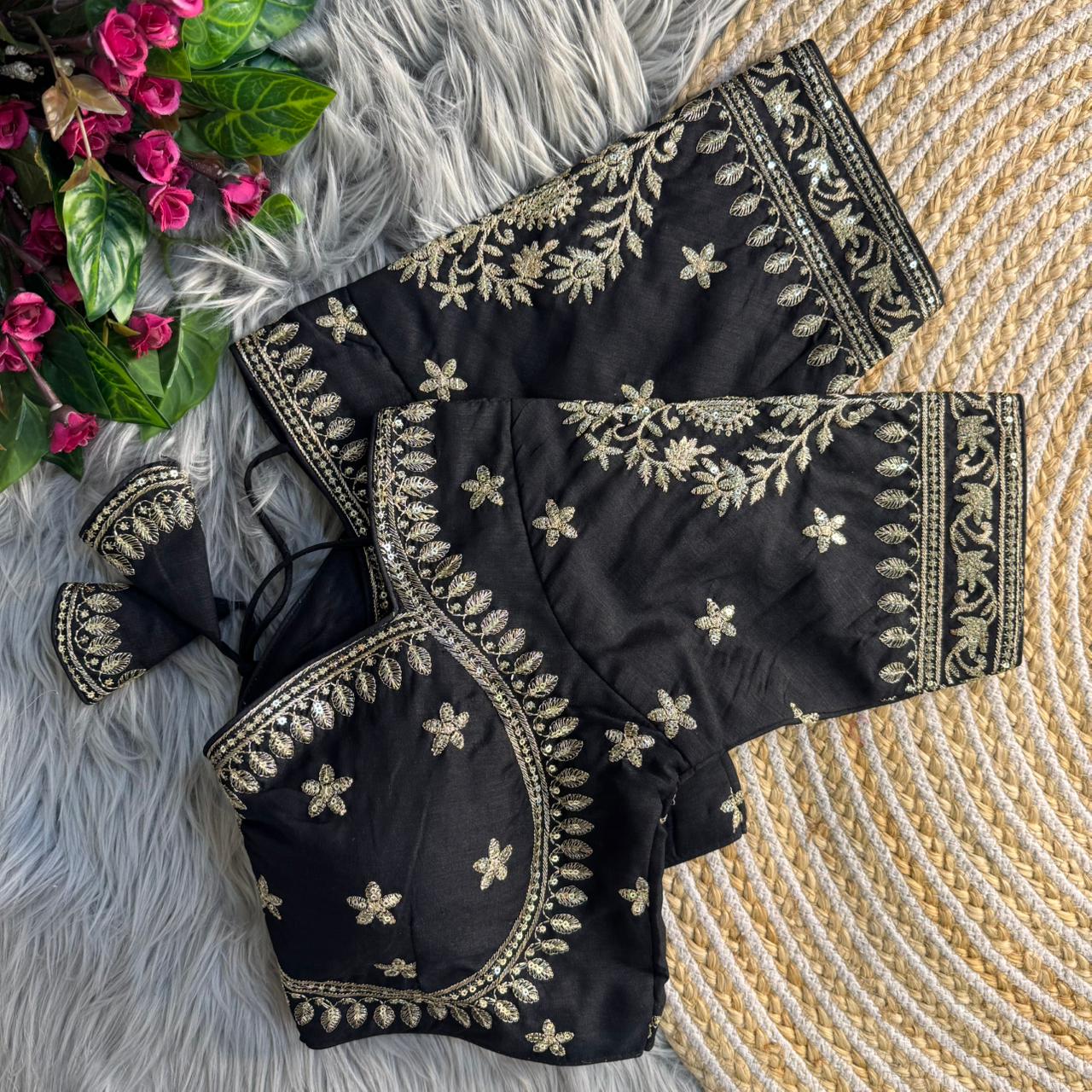 Black Pure Vichitra Silk Madhubala Style Blouse 