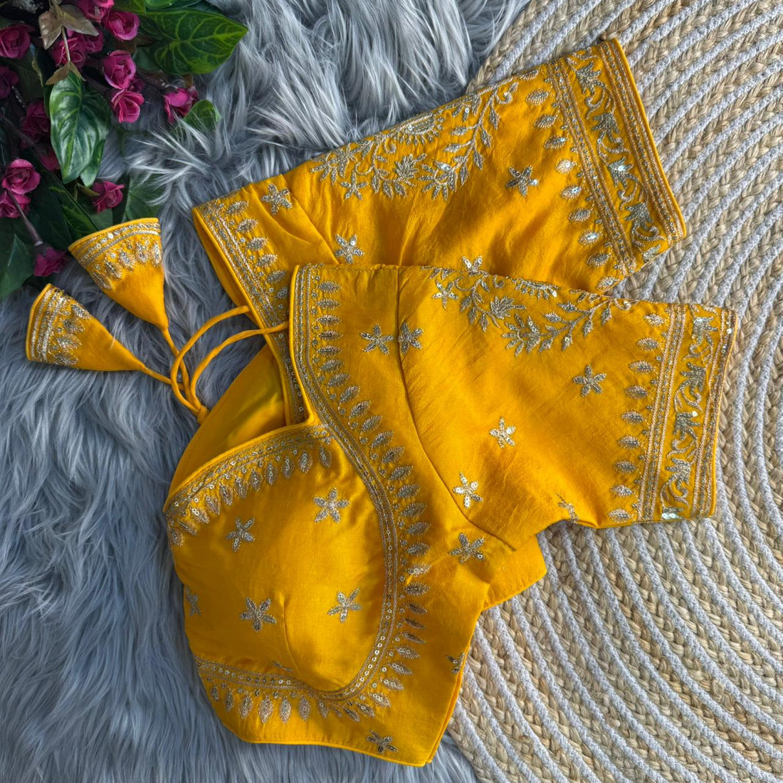 Yellow Pure Vichitra Silk Madhubala Style Blouse 