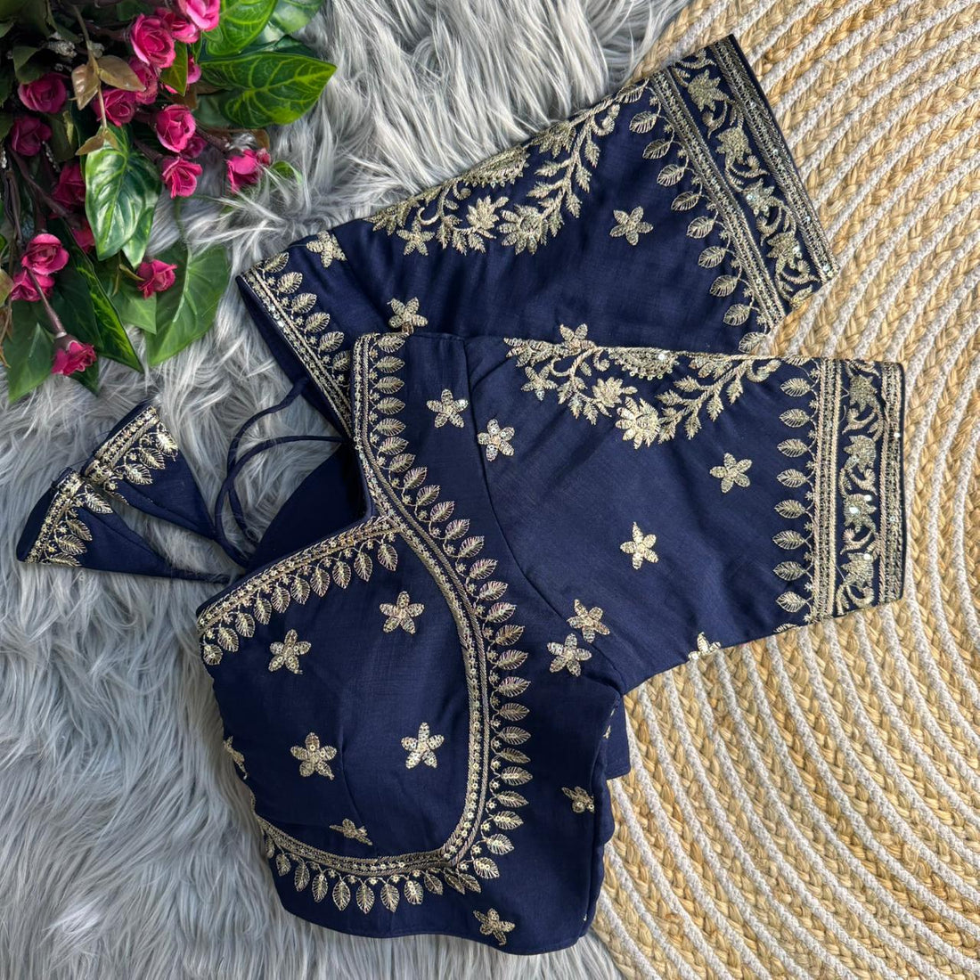 Navy Blue Pure Vichitra Silk Madhubala Style Blouse 