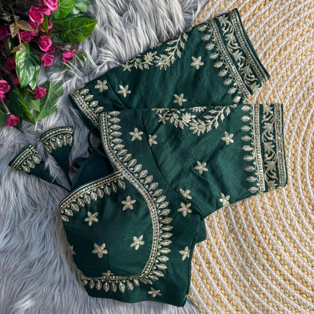 Green Pure Vichitra Silk Madhubala Style Blouse 