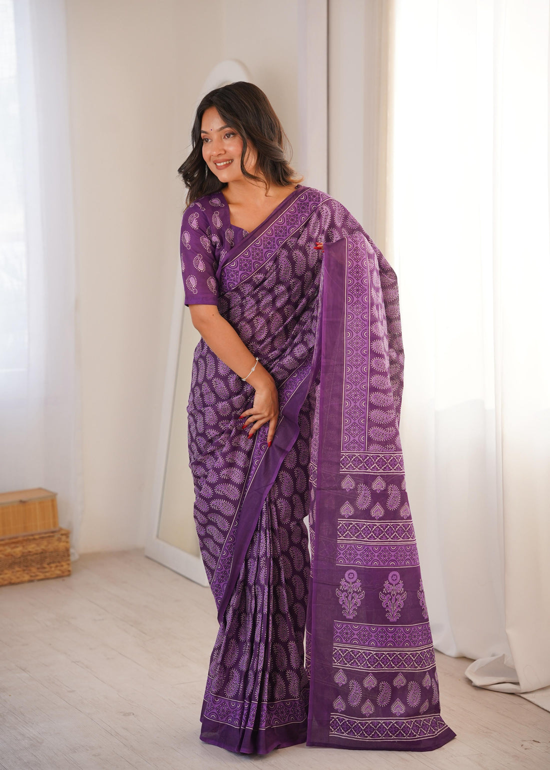 Purple Pure Soft Cotton Handblock Print Cotton Saree 