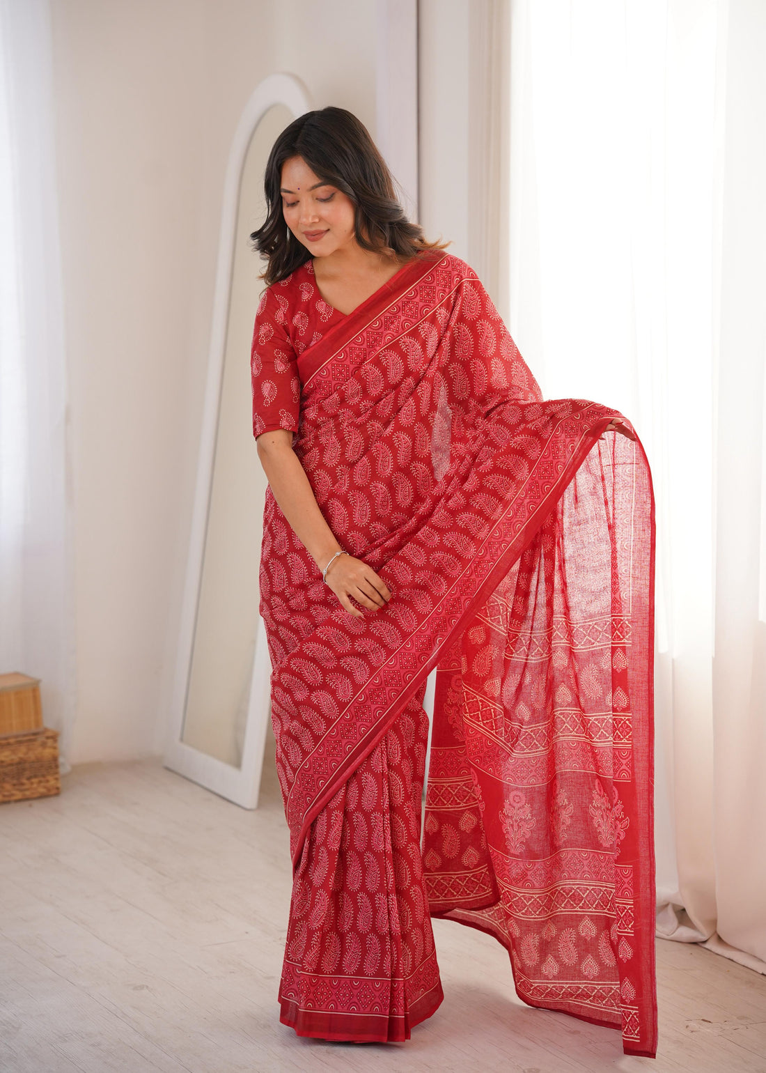 Red Pure Soft Cotton Handblock Print Cotton Saree 