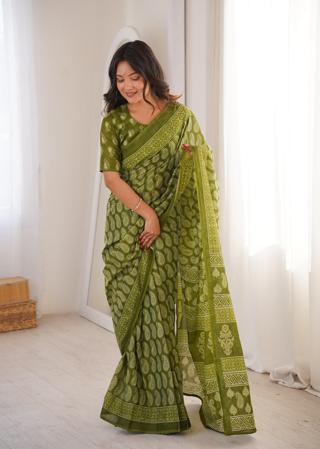 Mahendi Pure Soft Cotton Handblock Print Cotton Saree
