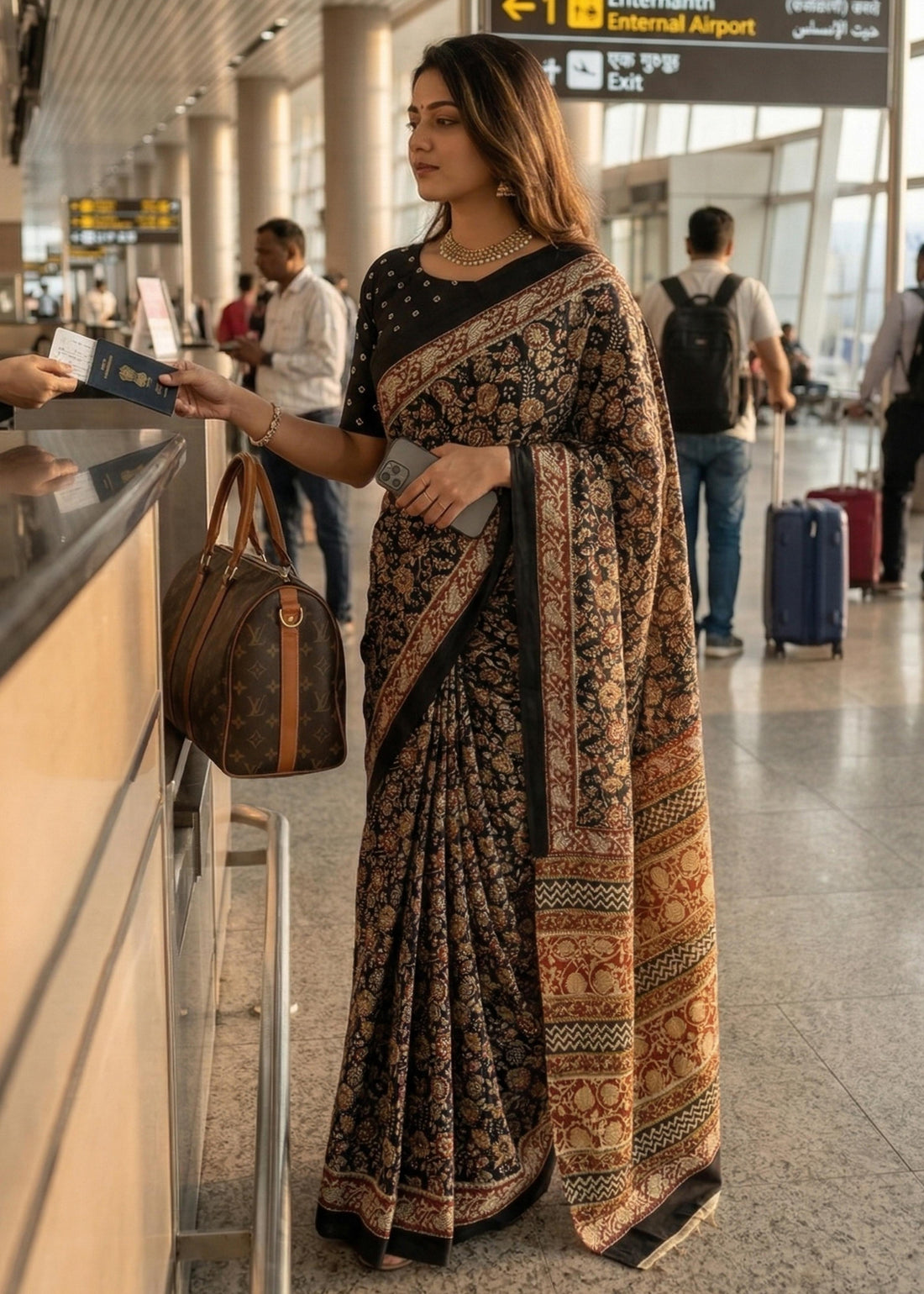 Brown Pure Soft Mal Mal Cotton Handblock Print Cotton Saree 