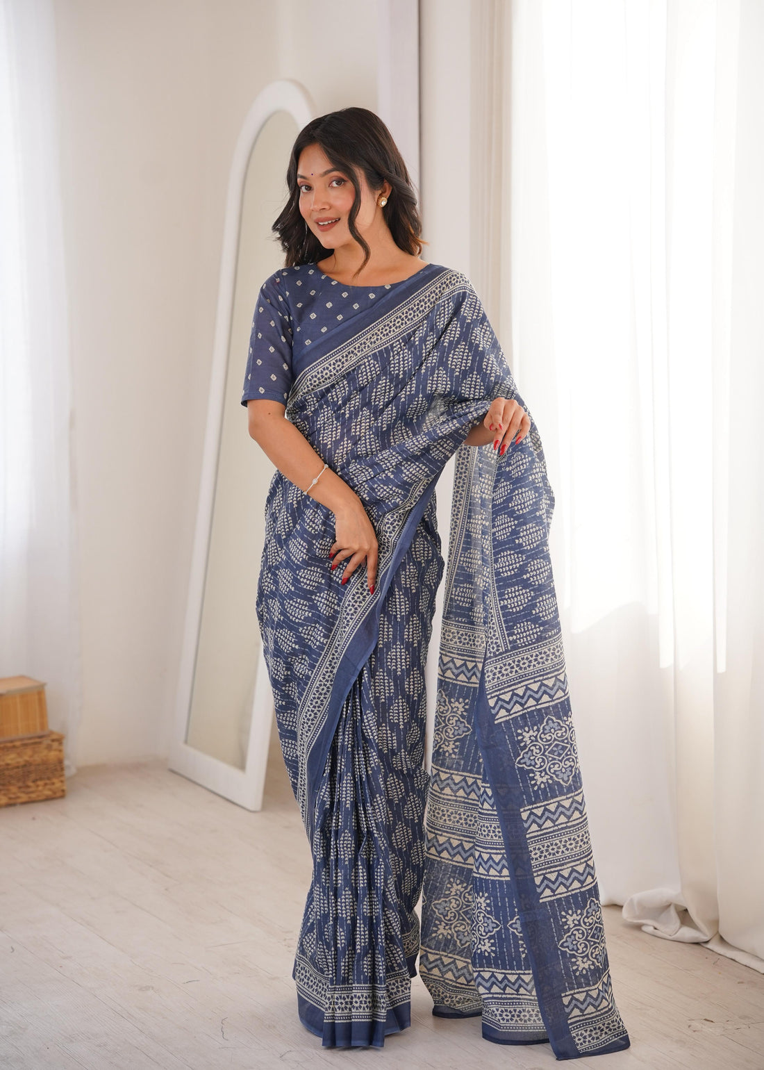 Blue Pure Soft Mal Mal Cotton Hand Block Print Cotton Saree 