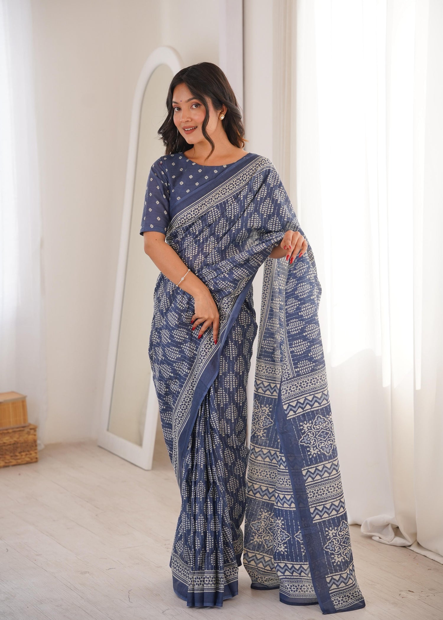 Blue Pure Soft Mal Mal Cotton Hand Block Print Cotton Saree 