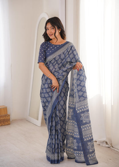 Blue Pure Soft Mal Mal Cotton Hand Block Print Cotton Saree 
