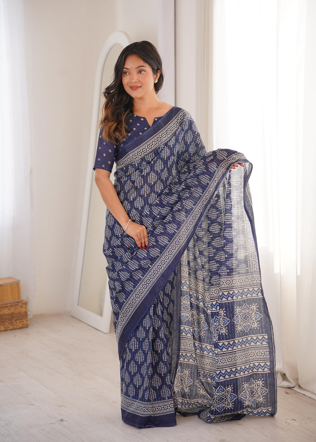 Blue Pure Soft Mal Mal Cotton Hand Block Print Cotton Saree 