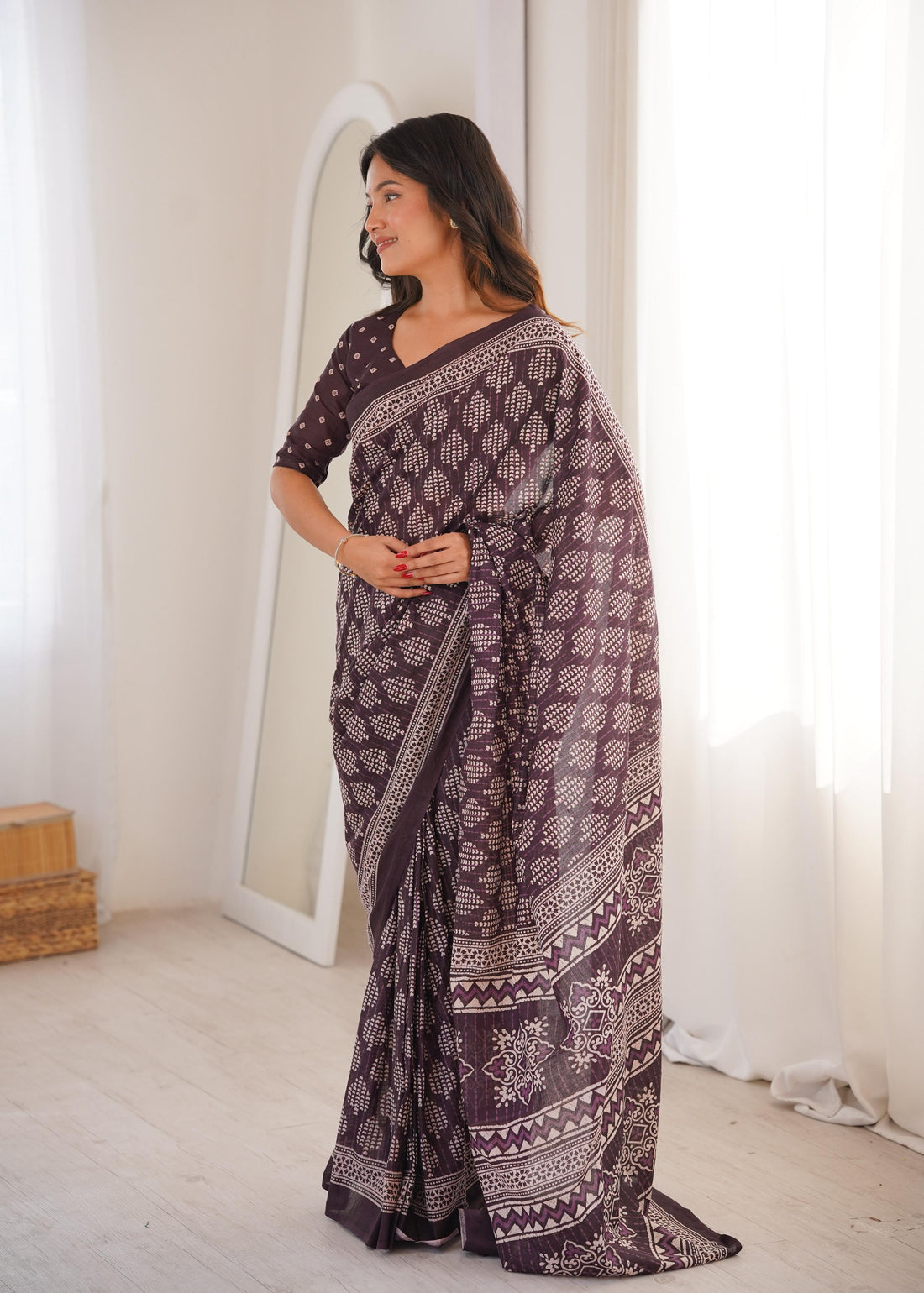 Brown Pure Soft Mal Mal Cotton Hand Block Print Cotton Saree 