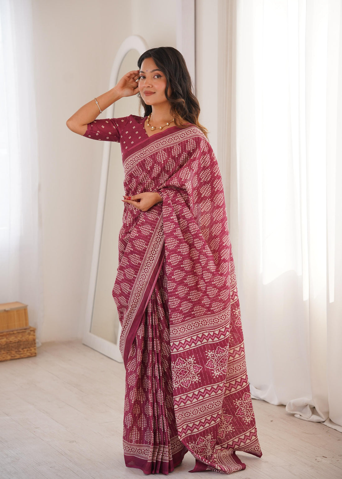 Red Pure Soft Mal Mal Cotton Hand Block Print Cotton Saree 