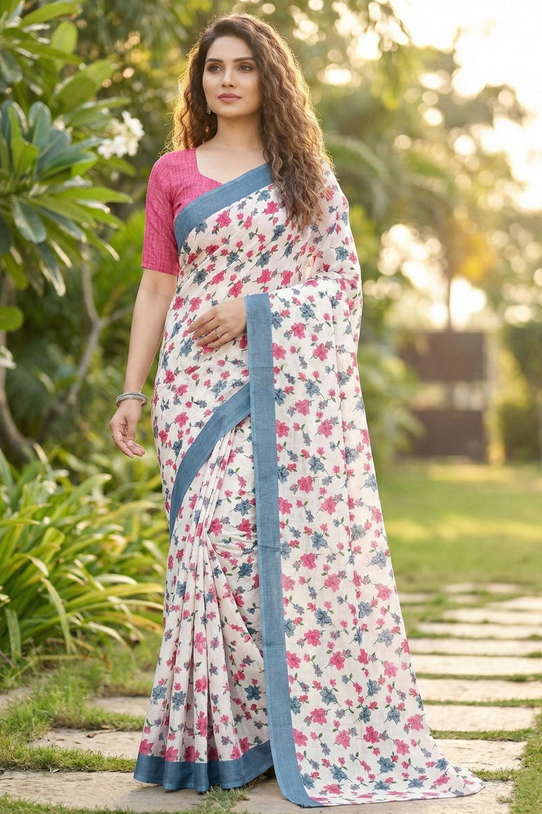 Pink Pure Soft Mal Mal Cotton Hand Block Print Cotton Saree 