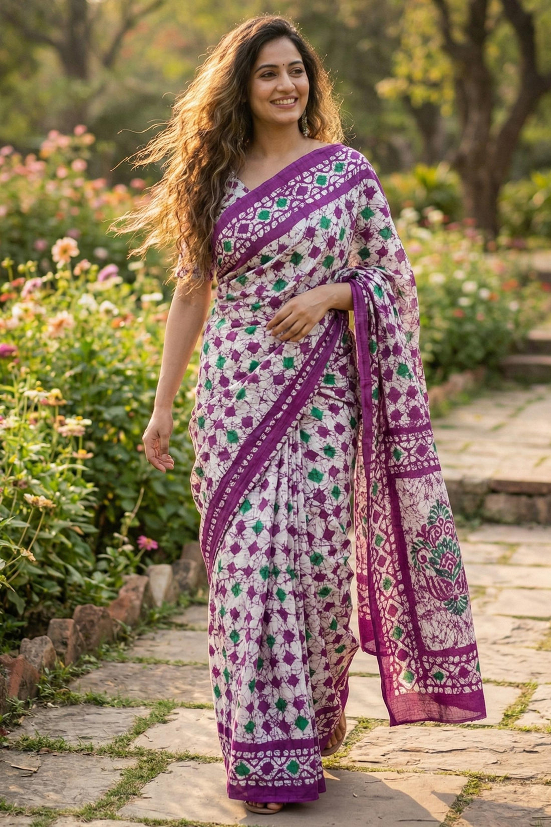Purple Pure Soft Mal Mal Cotton Hand Block Print Cotton Saree 