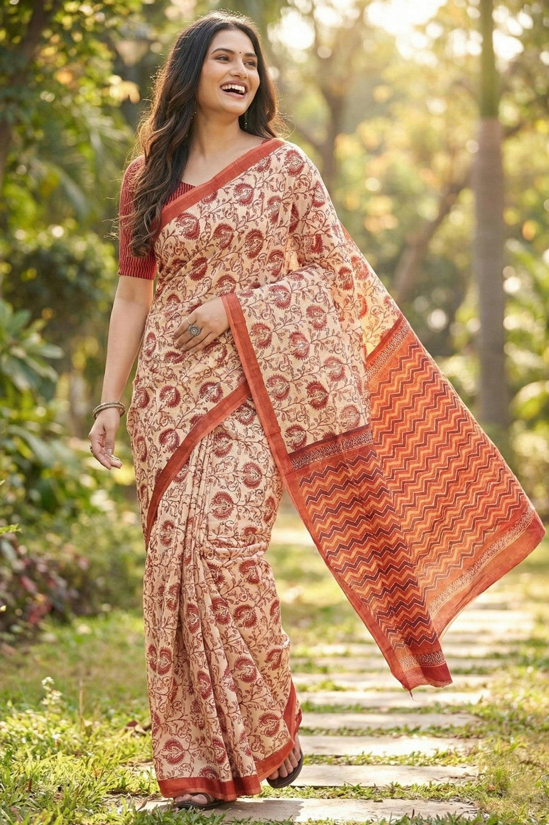 Orange Pure Soft Mal Mal Cotton Hand Block Print Cotton Saree 