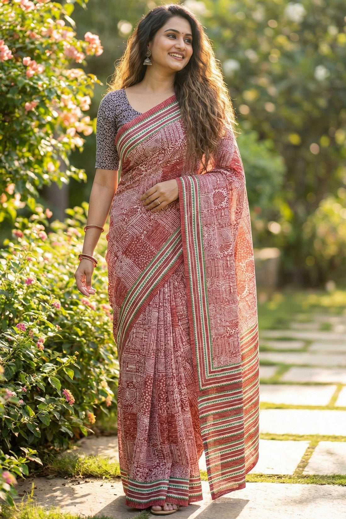 Brown Pure Soft Mal Mal Cotton Hand Block Print Cotton Saree 