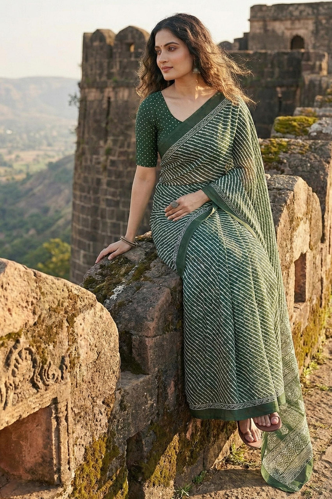 Green Pure Soft Mal Mal Cotton Hand Block Print Cotton Saree 
