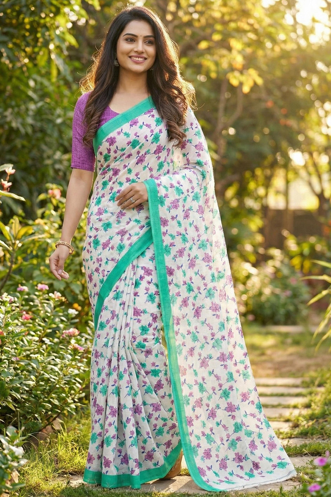 White Pure Soft Mal Mal Cotton Hand Block Print Cotton Saree 