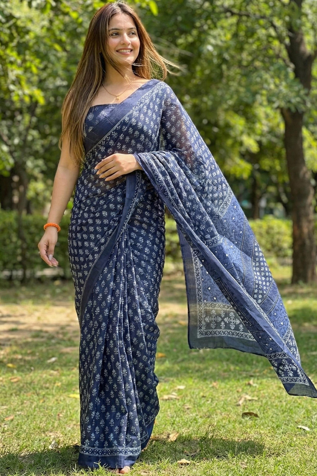 Blue Pure Soft Mal Mal Cotton Hand Block Print Cotton Saree 