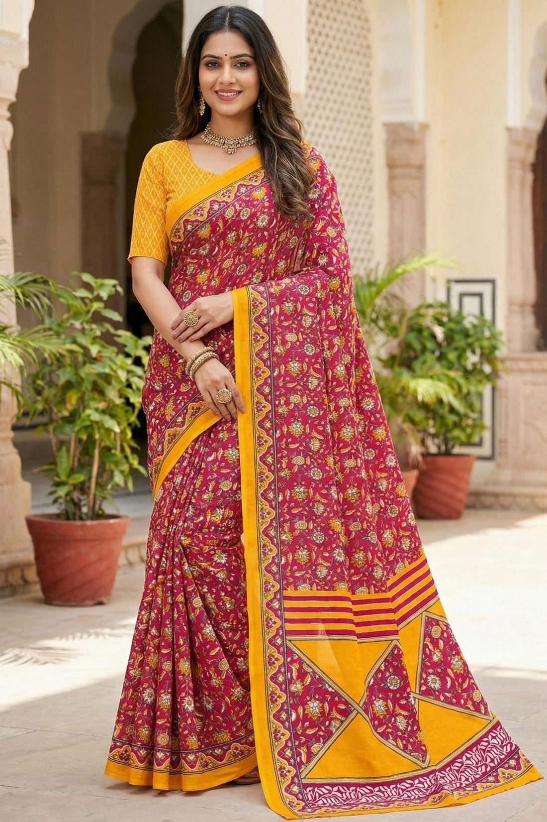 Red Pure Soft Mal Mal Cotton Hand Block Print Cotton Saree 