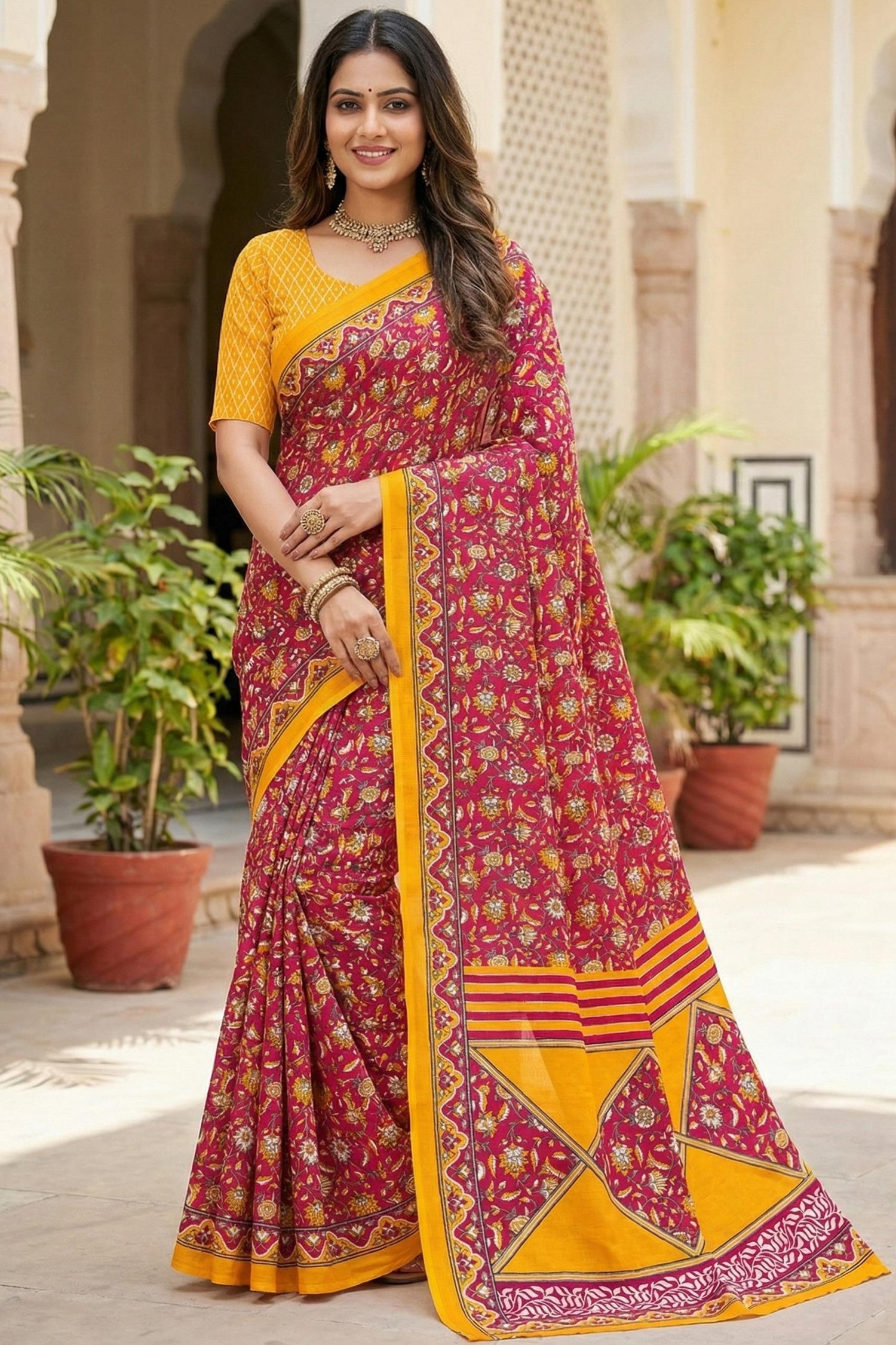 Red Pure Soft Mal Mal Cotton Hand Block Print Cotton Saree 