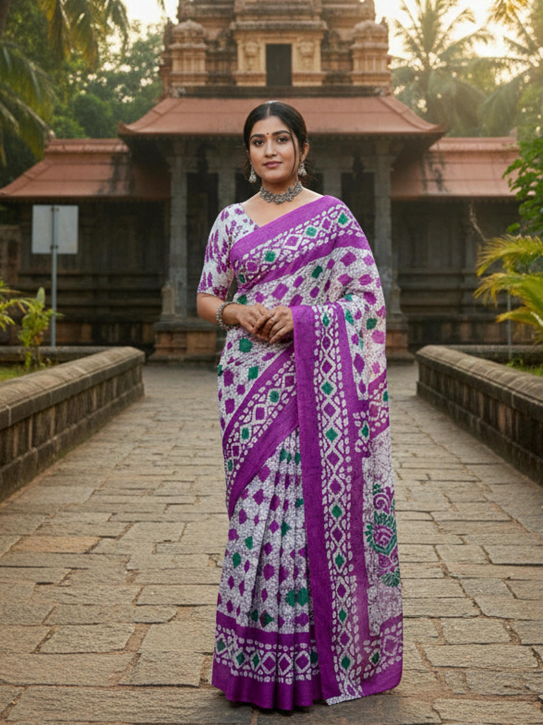 Purple Pure Soft Mal Mal Cotton Printed Cotton Saree 