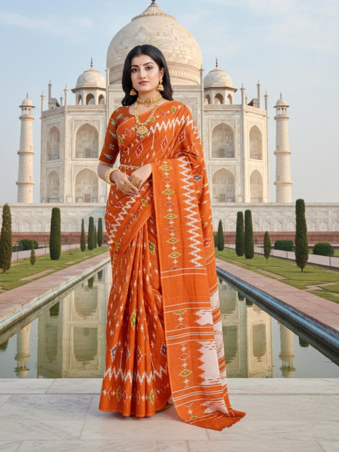 Orange Pure Soft Mal Mal Cotton Printed Cotton Saree 
