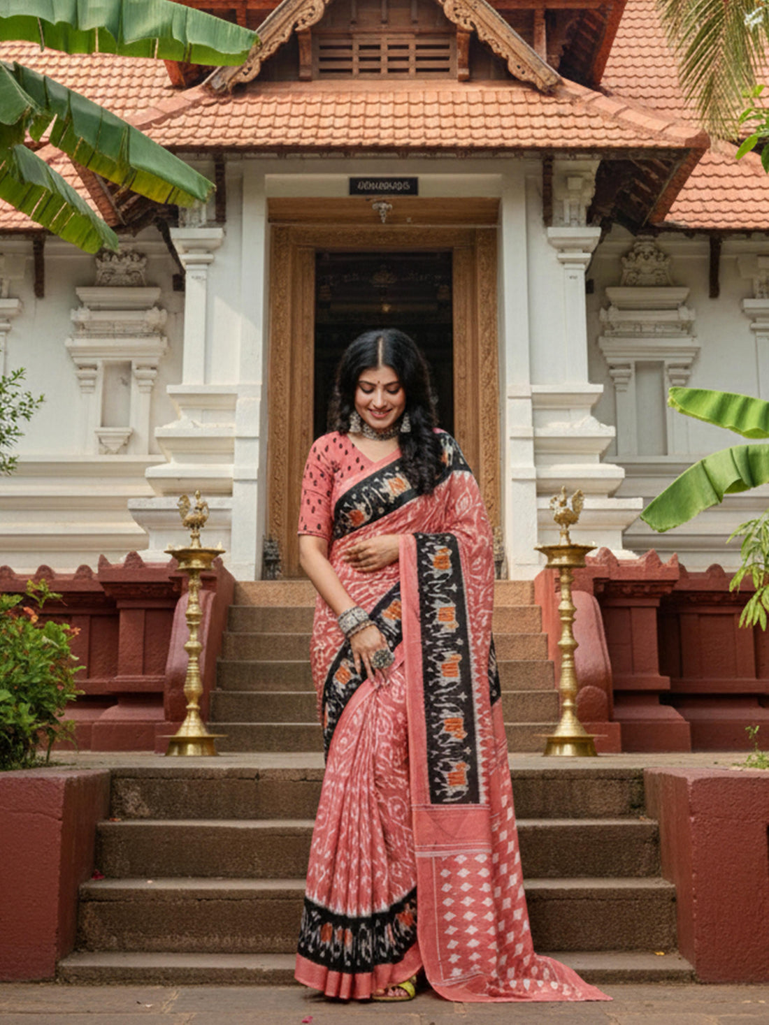 Peach Pure Soft Mal Mal Cotton Printed Cotton Saree 