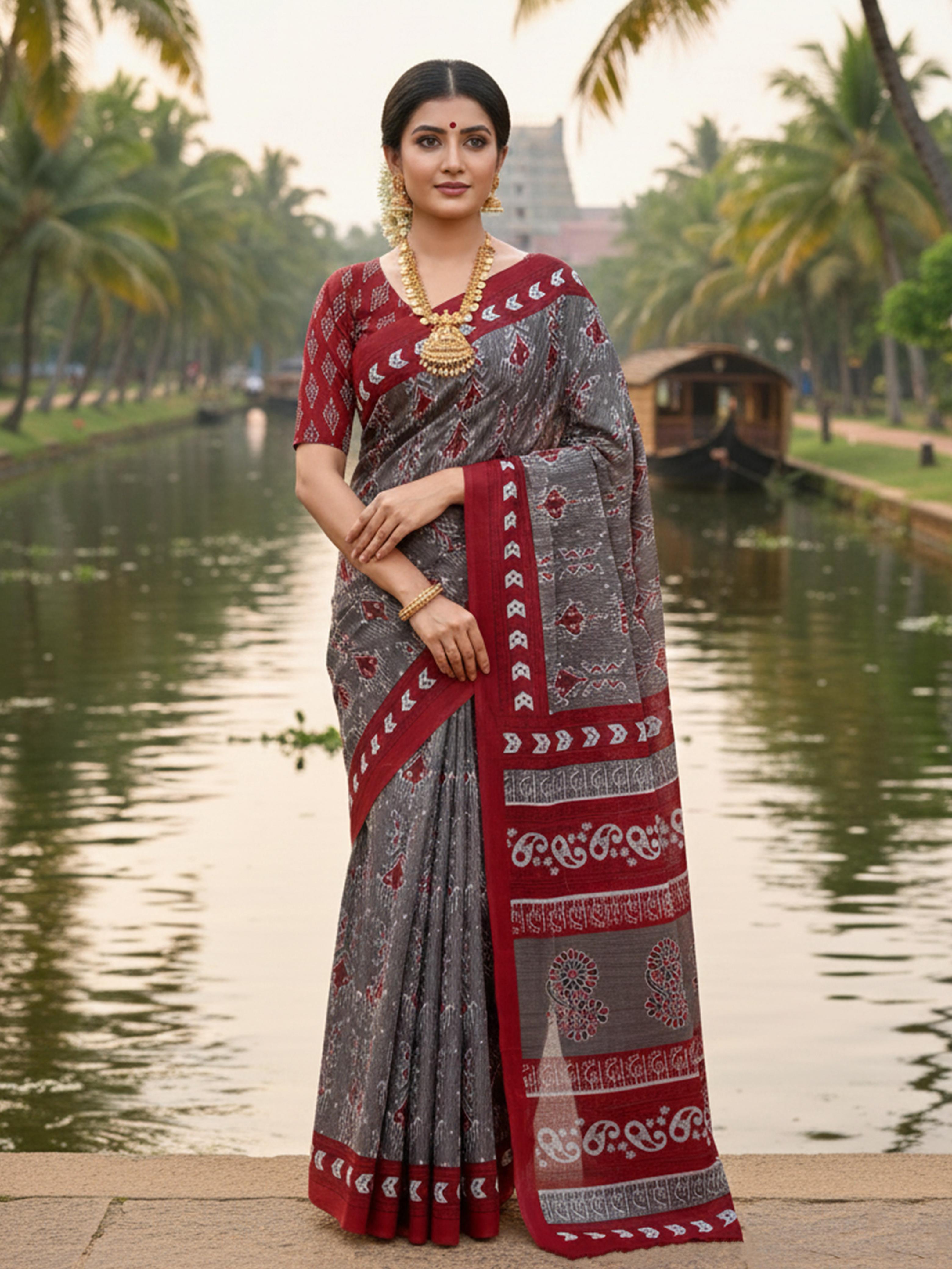 Grey Pure Soft Mal Mal Cotton Printed Cotton Saree 