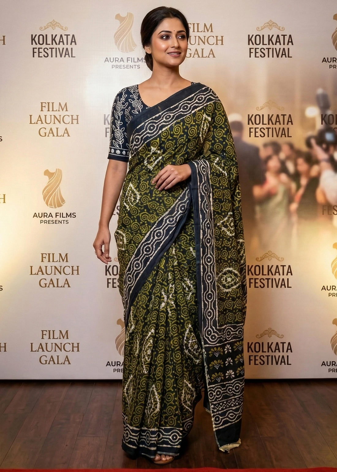 Green Pure Soft MalMal Cotton Handloom Block Printed Cotton Saree 