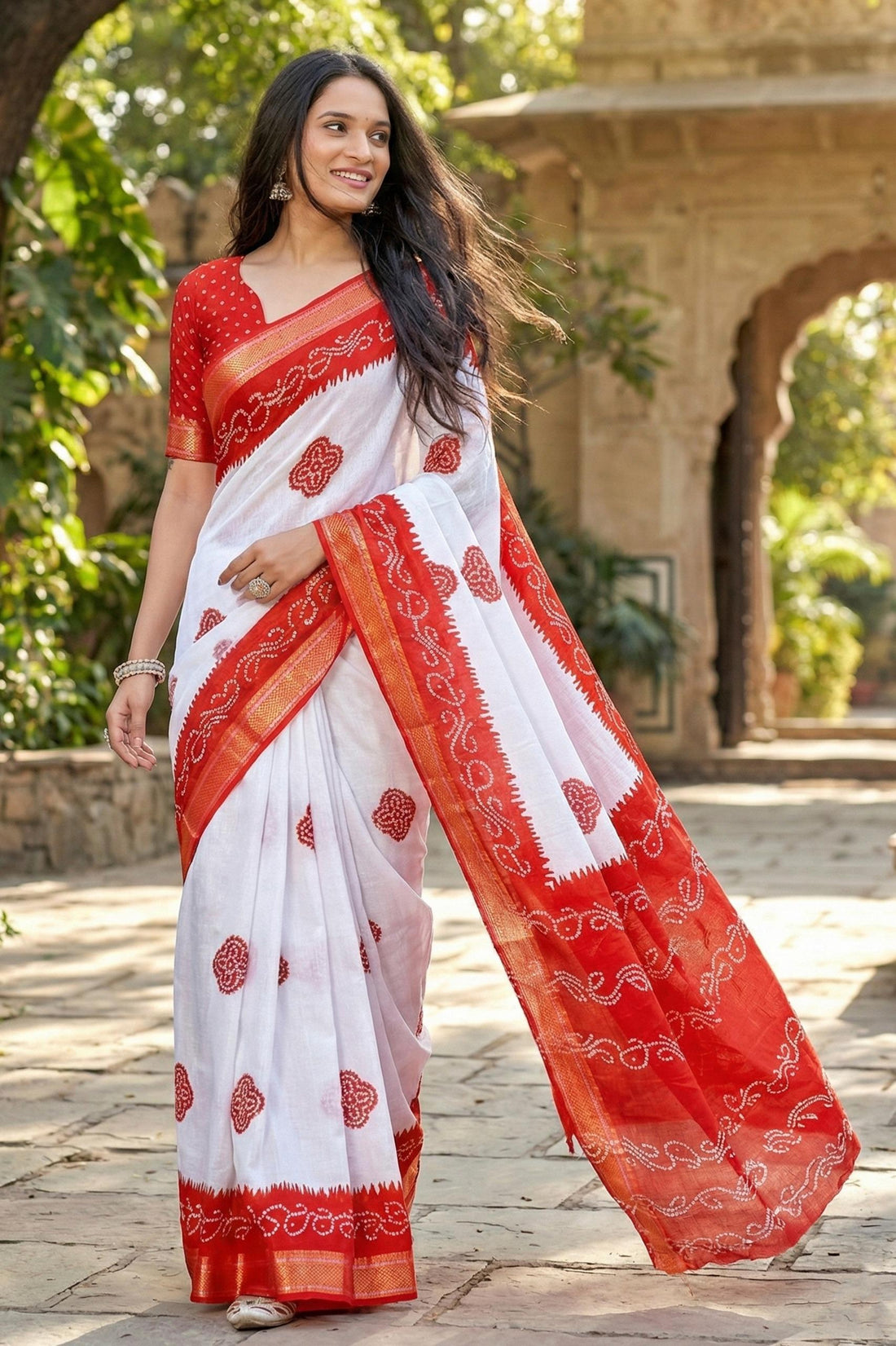 Red Pure Soft MalMal Cotton Bandhani Block Printed Cotton Saree 