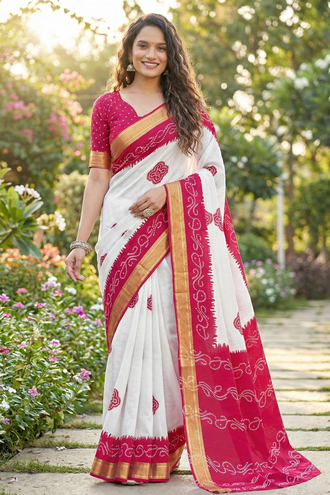 Rani Pure Soft MalMal Cotton Bandhani Block Printed Cotton Saree 