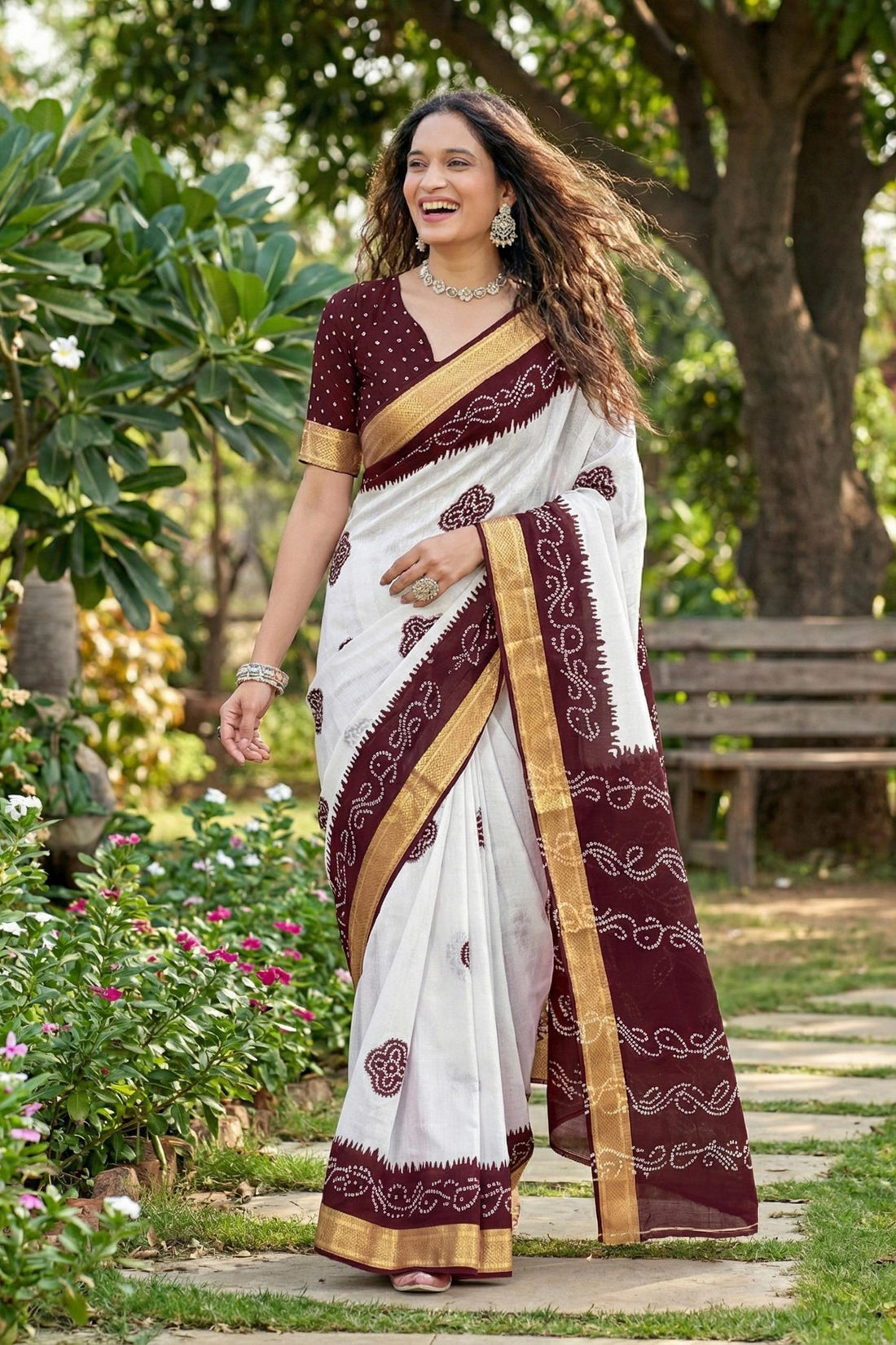 Brown Pure Soft MalMal Cotton Bandhani Block Printed Cotton Saree 