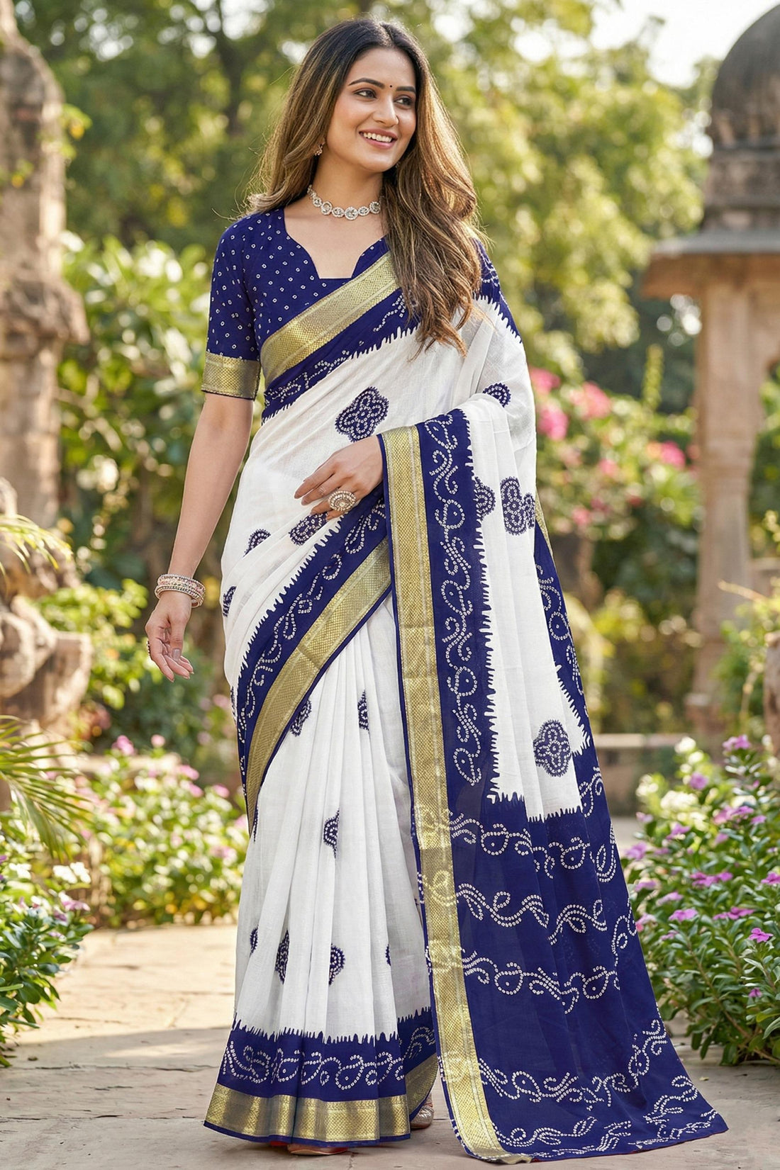 Blue Pure Soft MalMal Cotton Bandhani Block Printed Cotton Saree 