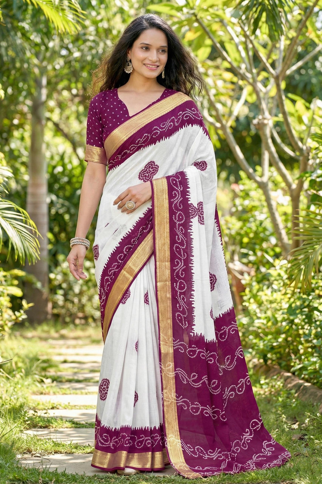 Purple Pure Soft MalMal Cotton Bandhani Block Printed Cotton Saree 