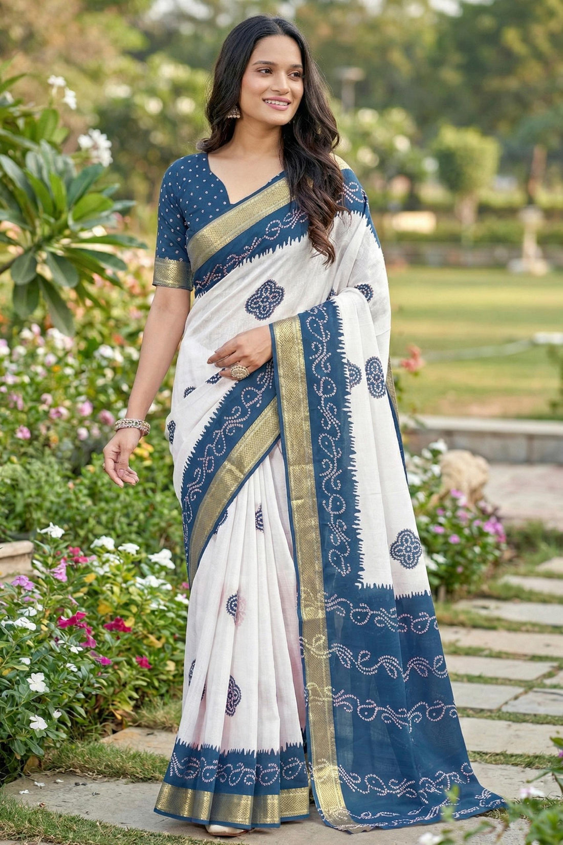 Teal Pure Soft MalMal Cotton Bandhani Block Printed Cotton Saree 