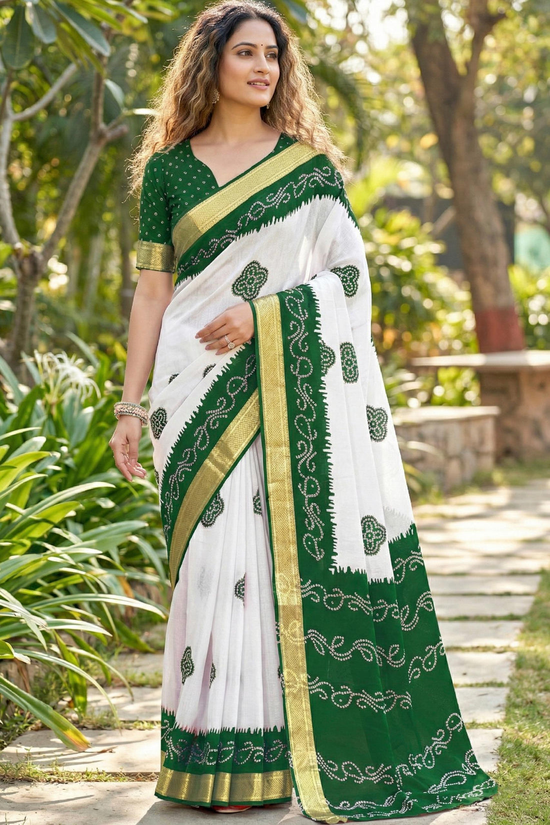 Green Pure Soft MalMal Cotton Bandhani Block Printed Cotton Saree 