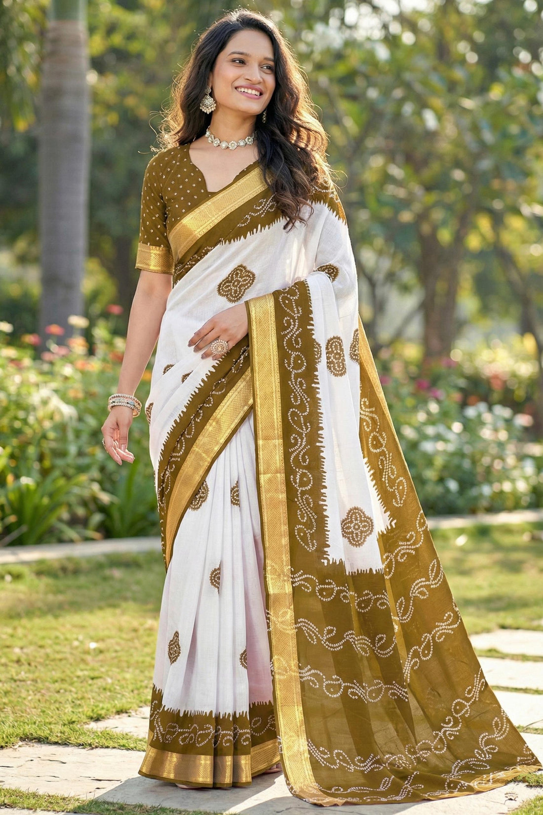 Chiku Pure Soft MalMal Cotton Bandhani Block Printed Cotton Saree 
