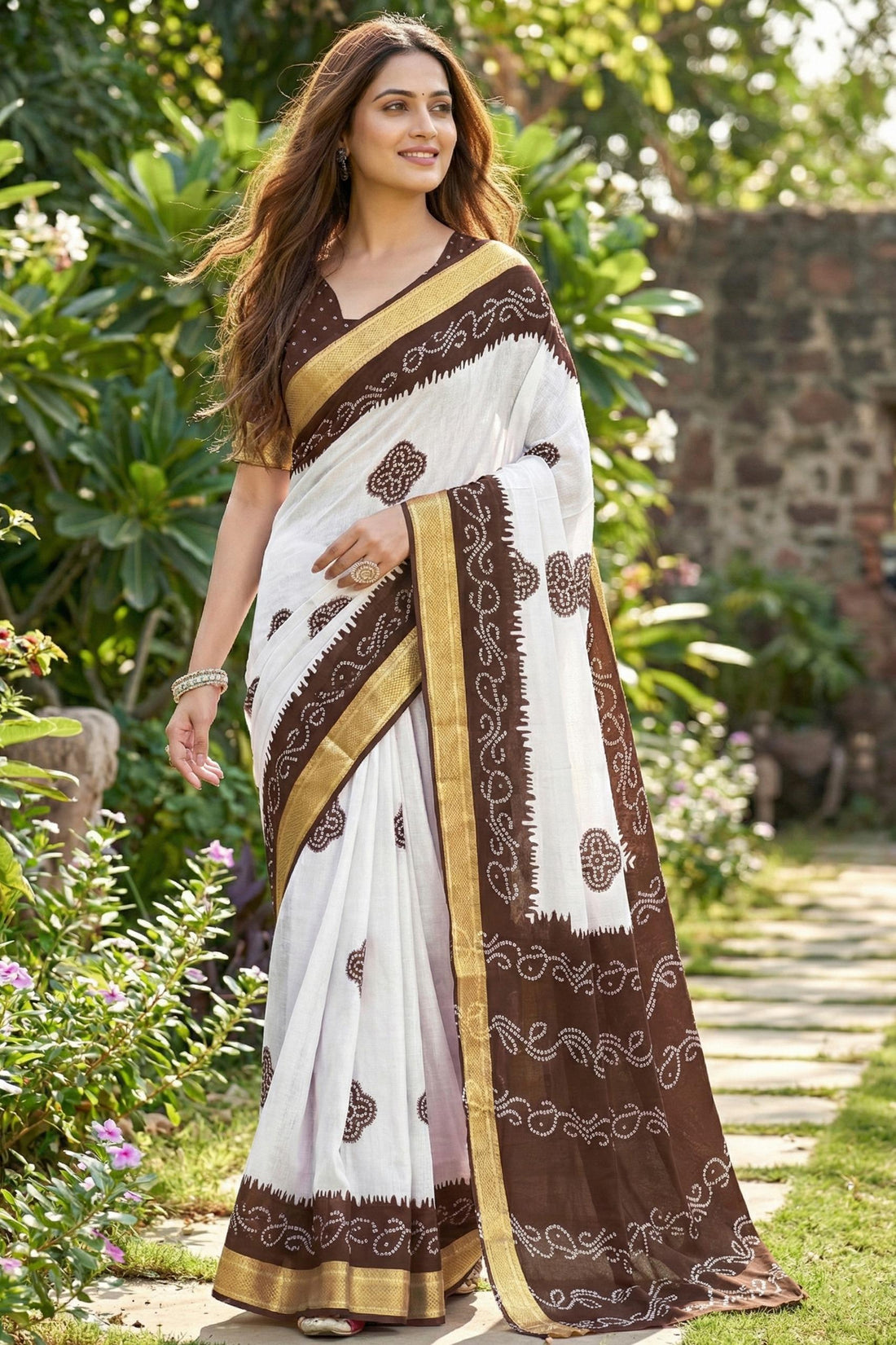 Coffee Pure Soft MalMal Cotton Bandhani Block Printed Cotton Saree 
