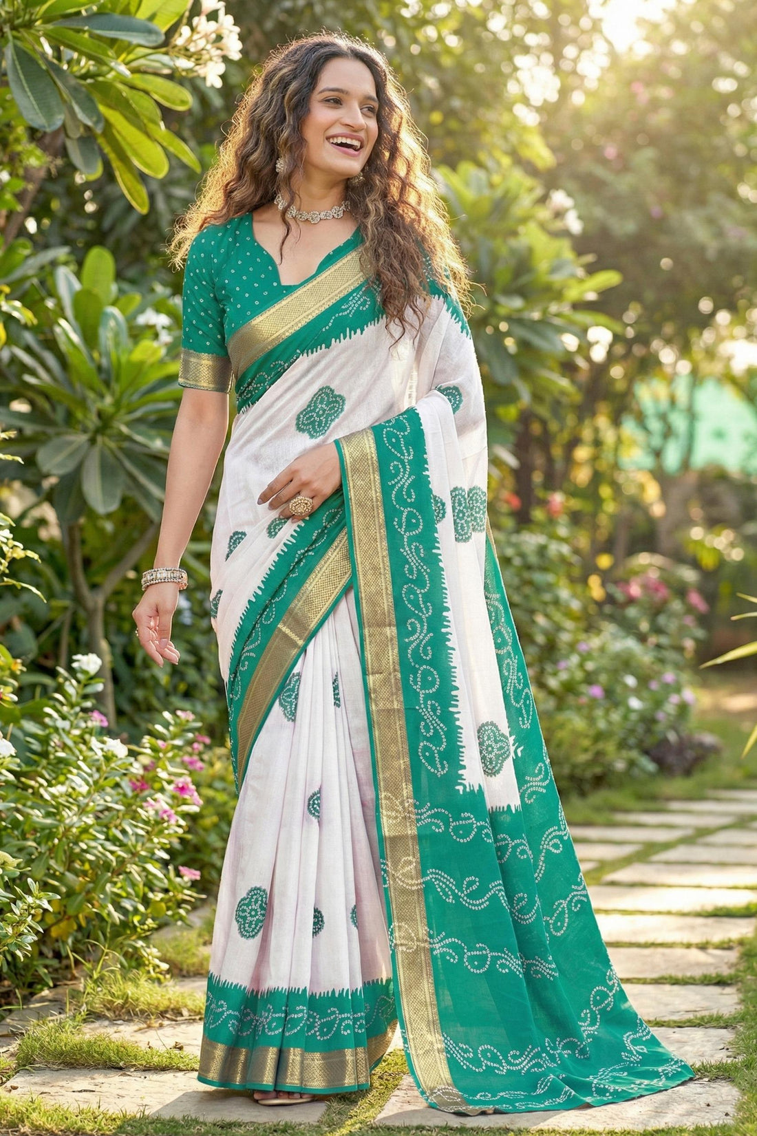 Teal Pure Soft MalMal Cotton Bandhani Block Printed Cotton Saree 