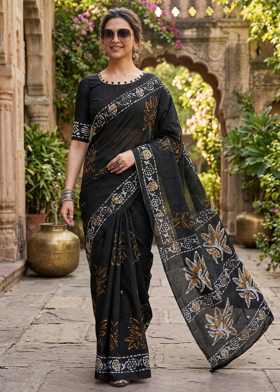 Black Pure Soft MalMal Cotton Printed Cotton Saree 