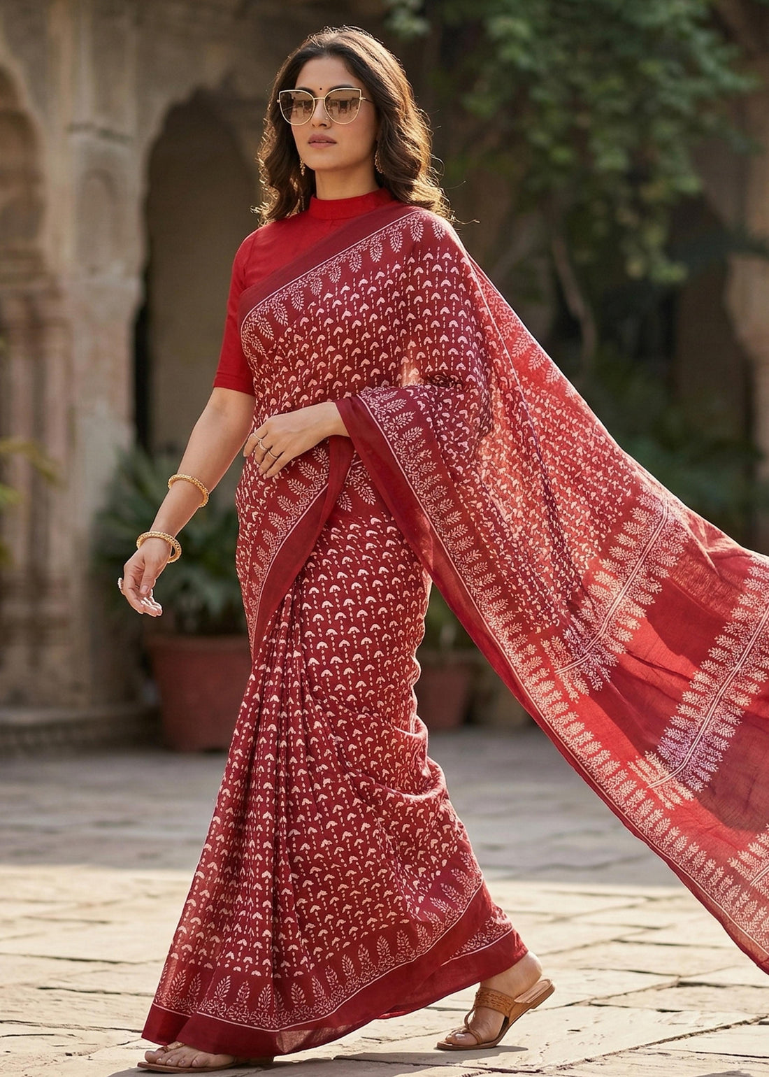 Red Pure Soft MalMal Cotton Printed Cotton Saree 