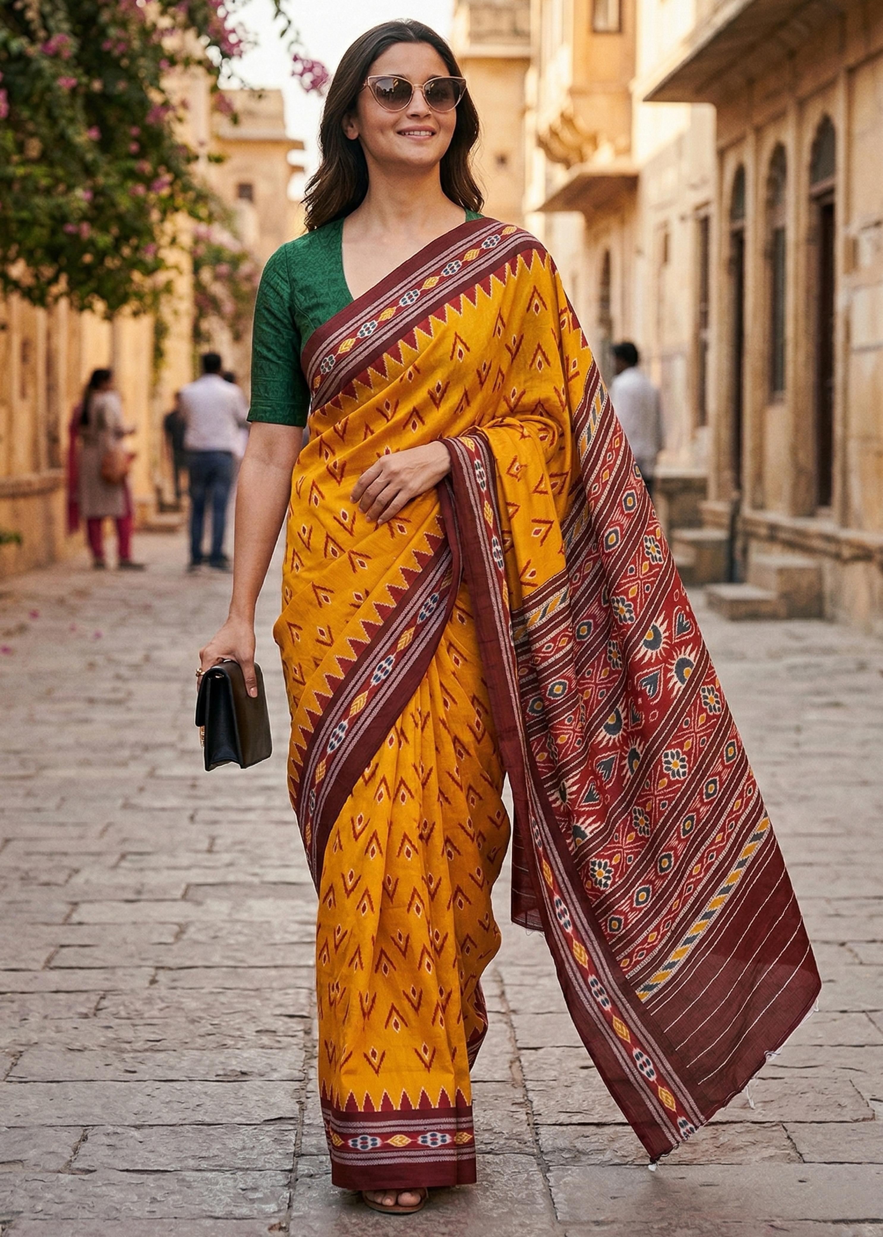 Orange Pure Soft MalMal Cotton Ikkat Printed Cotton Saree 