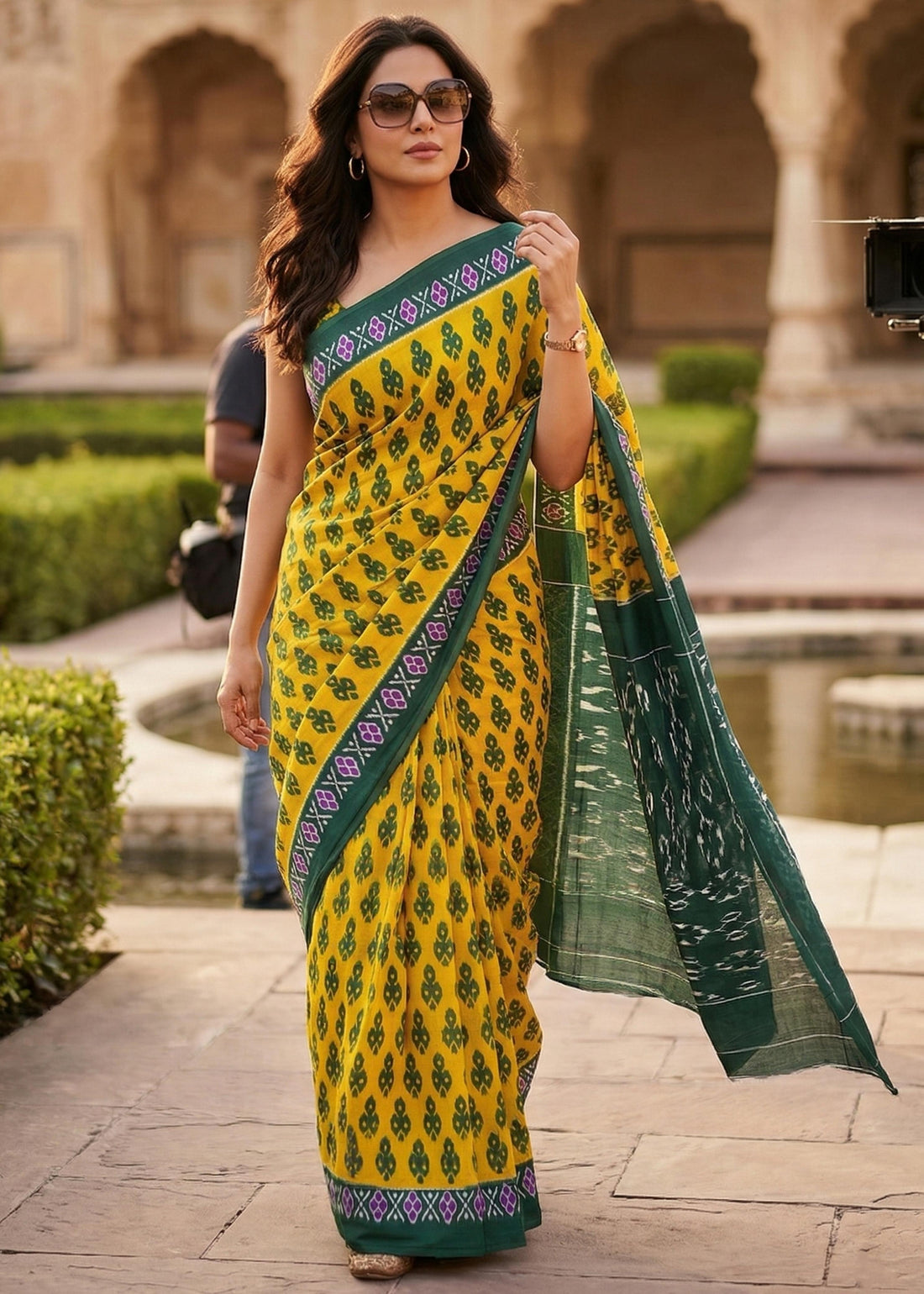 Yellow Pure Soft MalMal Cotton Ikkat Printed Cotton Saree 